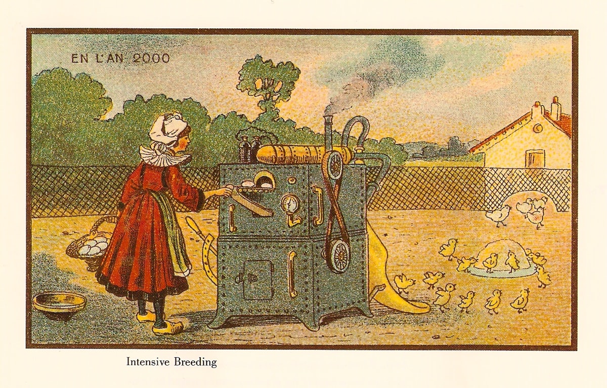 Jean-Marc Cote illustration 1899 uncirculated, breeding machine in 2000, published in Isaac Asimov's Futuredays 1986