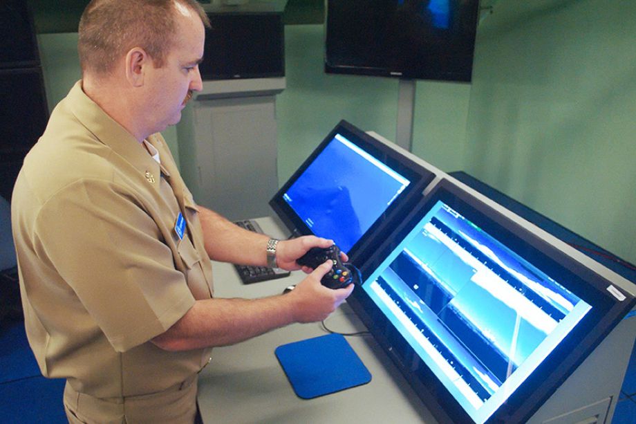 Visual of Games become jobs: Looking through the eye of the submarine with an X-Box controller